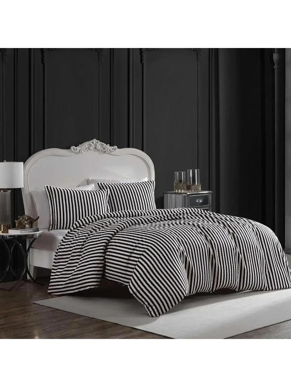 NEW Betsey Johnson KING DUVET SET Black White Stripe Cover Pillow Cases NIP